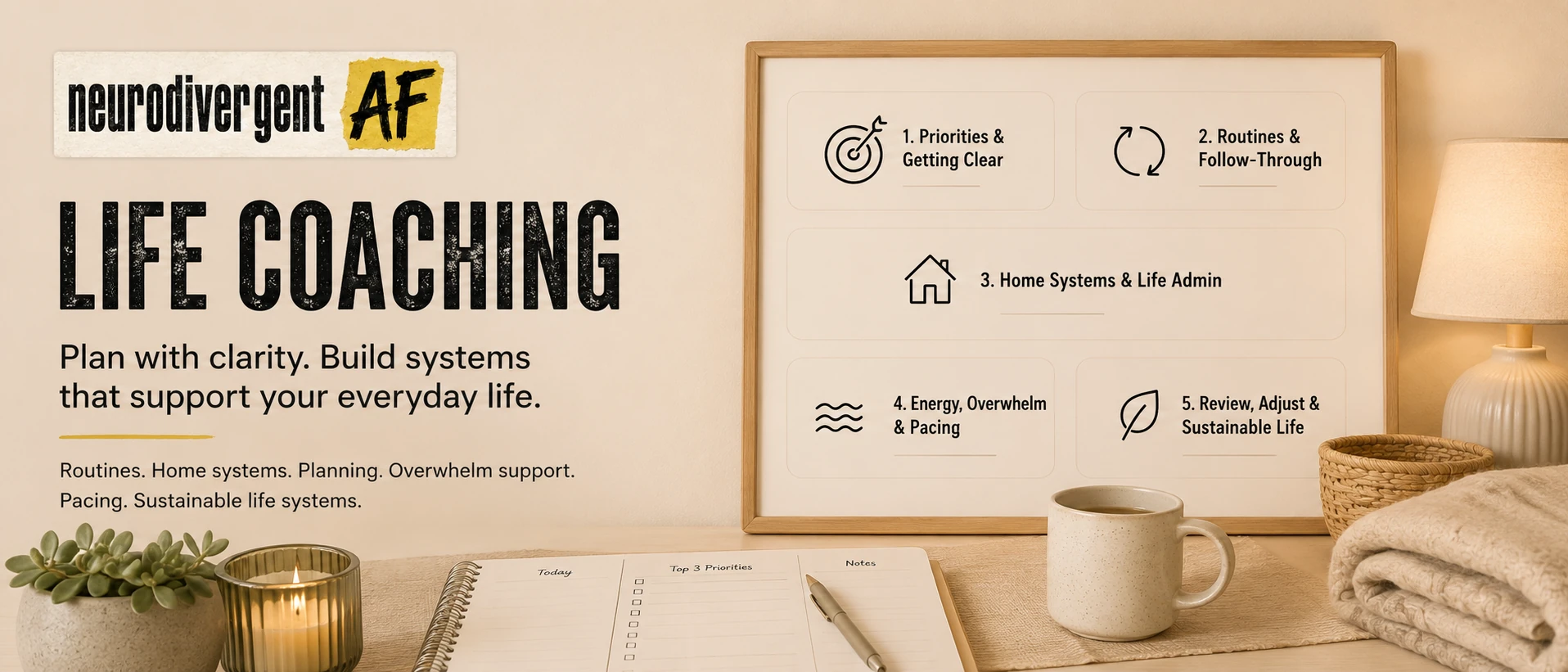 Life Coaching: plan with clarity and build systems that support everyday life.