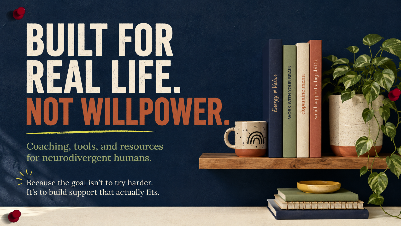 Built for real life, not willpower — a navy card with the headline text next to a styled bookshelf with a mug, books labeled Energy ≠ Value, Work With Your Brain, Dopamine Menu, and Small Supports Big Shifts, and a trailing plant.