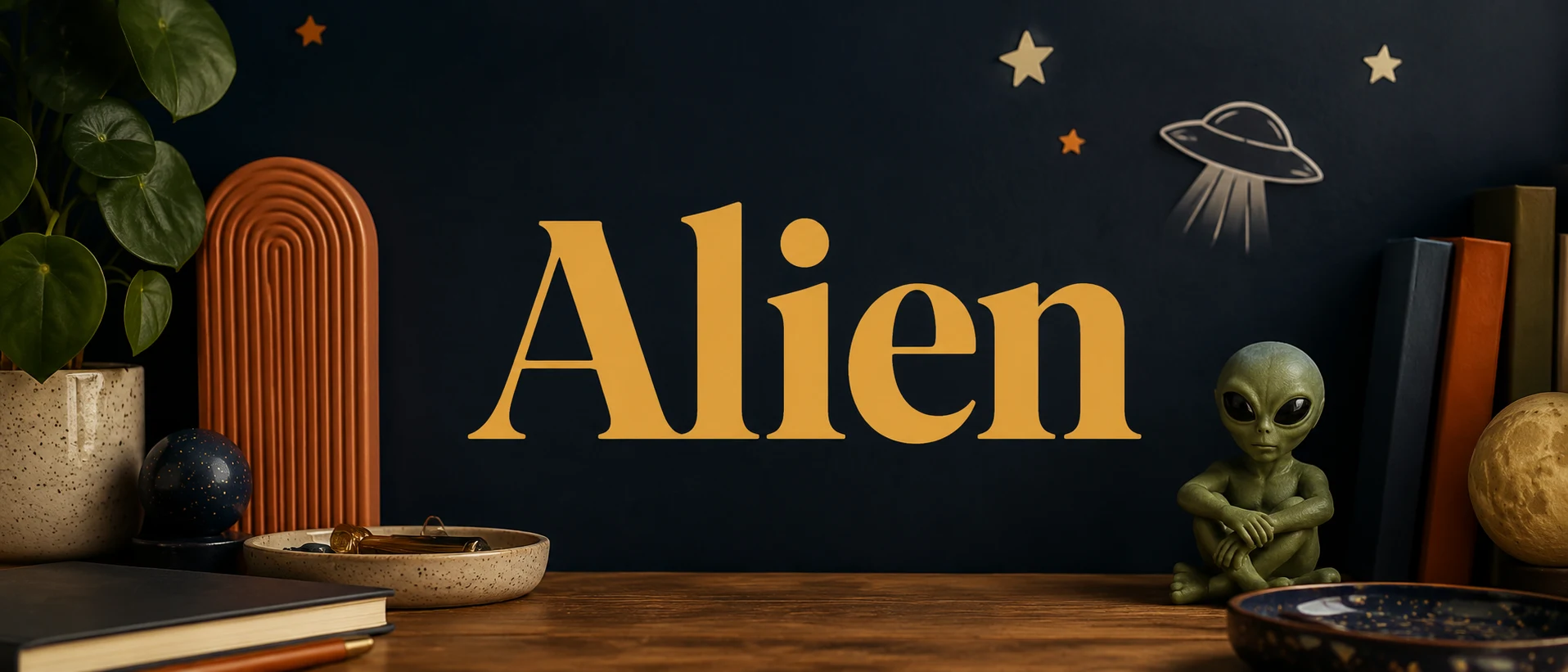 Cosmic desk scene with an alien figure, stars, planets, and the title Alien.