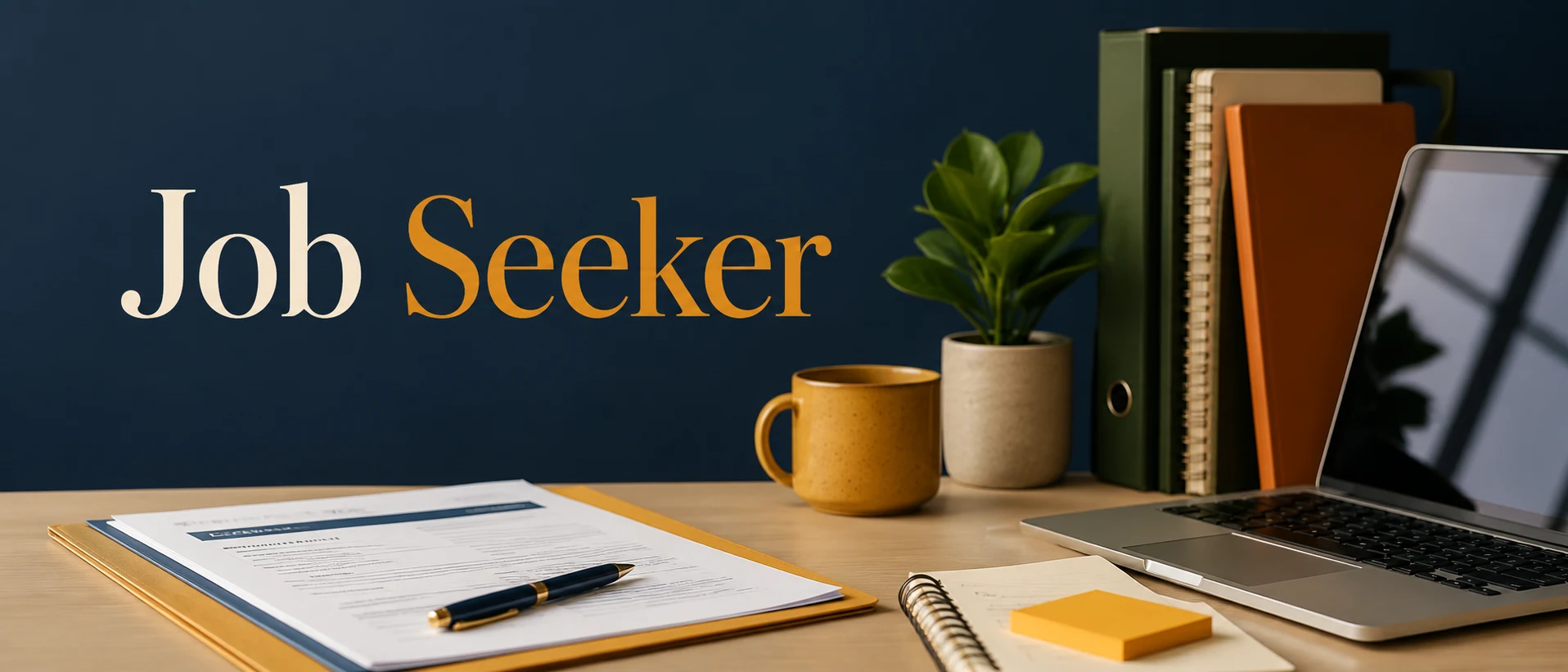 Job search desk with resume, laptop, folders, plant, and the title Job Seeker.