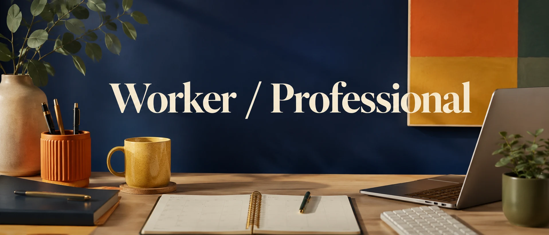 Organized professional desk with planner, laptop, plant, and the title Worker slash Professional.