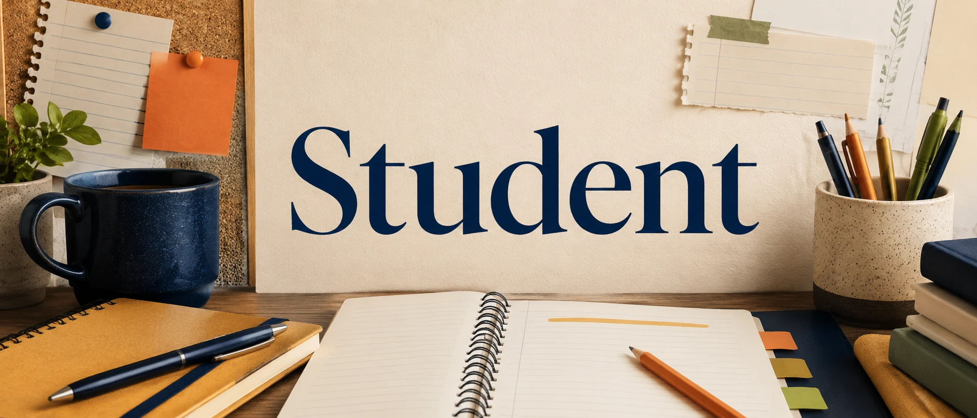Student study desk with notebooks, pencils, corkboard notes, and the title Student.