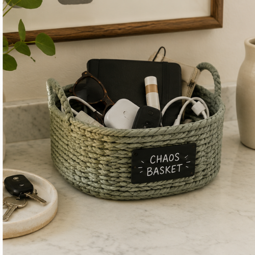 Woven basket labeled "chaos basket" holding loose items