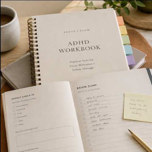 ADHD workbook, journal, and planner spread open on a desk