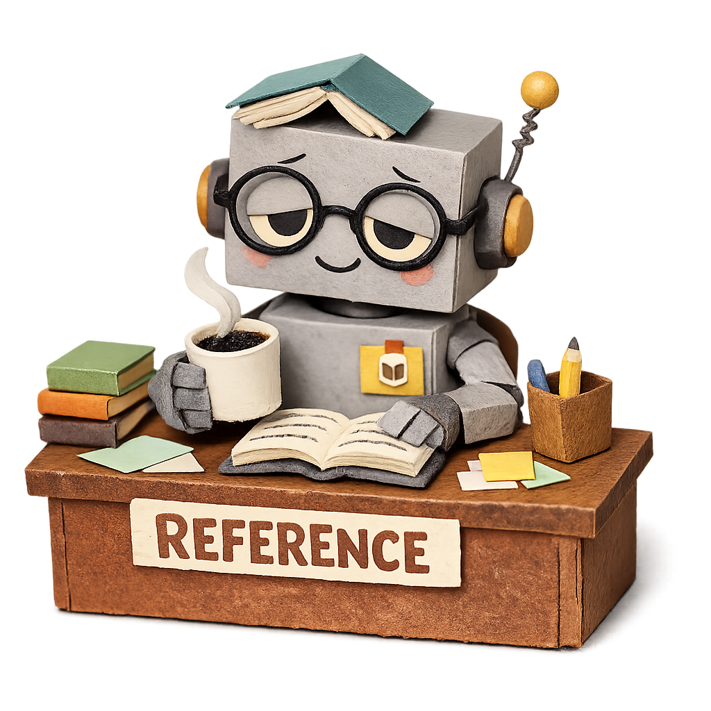 A slightly tired librarian robot behind a reference desk
